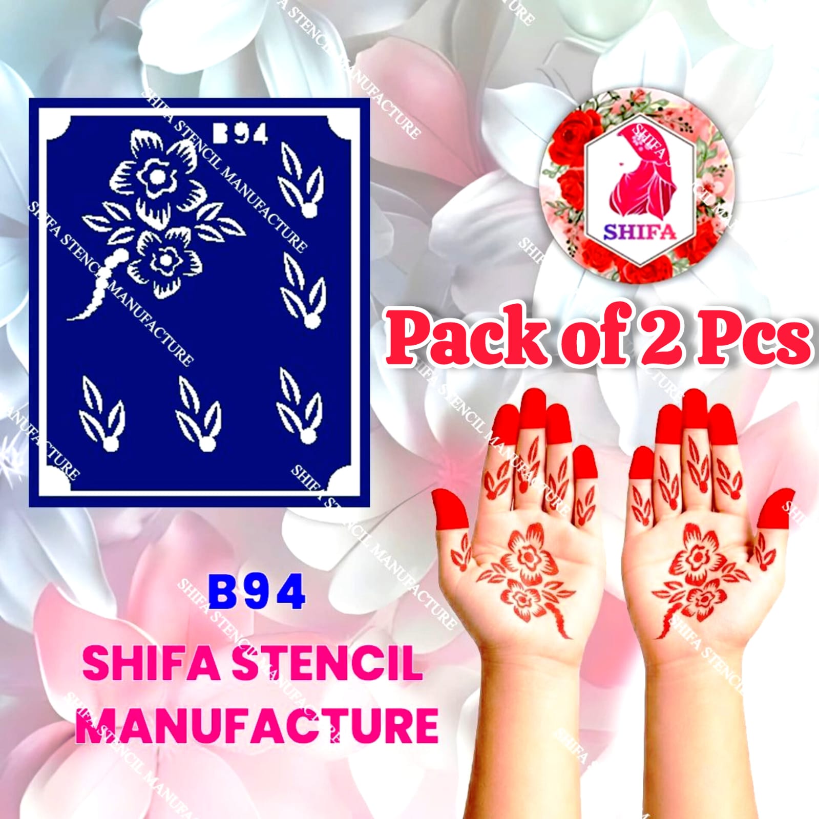 B94 (age 5 to 10) Petal Harmony Touch Double Hand Henna Stencil - Shifa Stencil